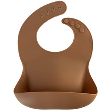 Load image into Gallery viewer, Silicone Bib BPA Free in a medium brown colour and 4 buttons with large crumb catcher scoop.
