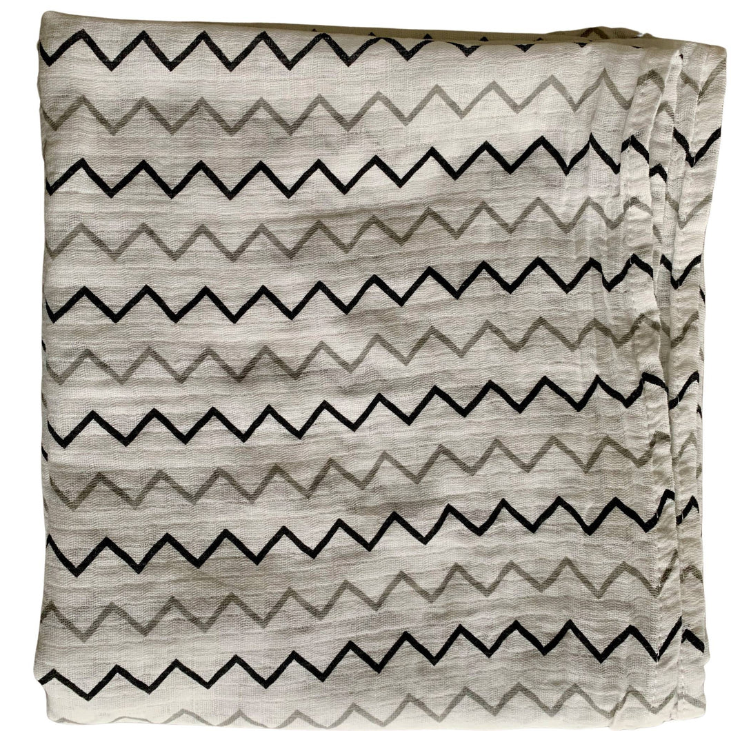 Organic Cotton Muslin Baby Swaddle Cloth with black and grey zigzag print on white.